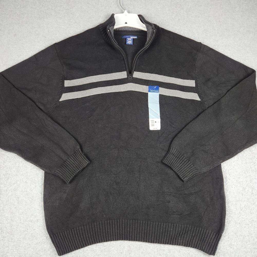Basic Editions Pullover Sweater Mens L Black Tight Knit Quarter Zip Ribbed Trim